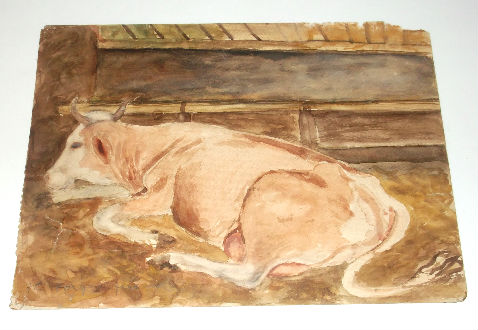 Fekvő tehén - akvarell - jelzés H. Ferger Ferenc