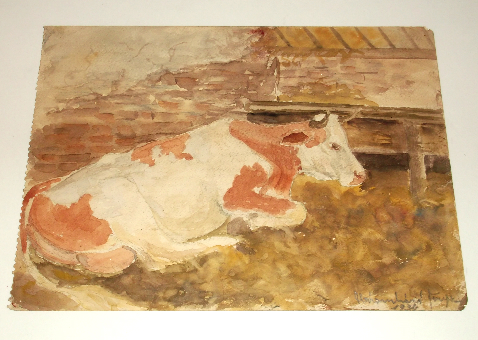 Istállóban fekvő tehén - akvarell - jelzés Háromházi Ferger 1934