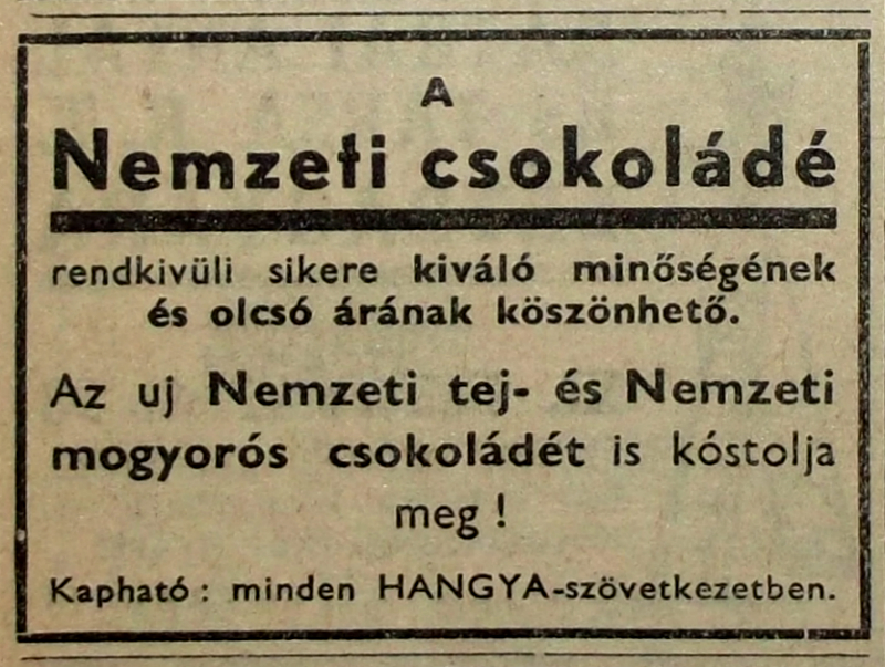 Nemzeti csokoládé - újsághirdetés 1938-ból