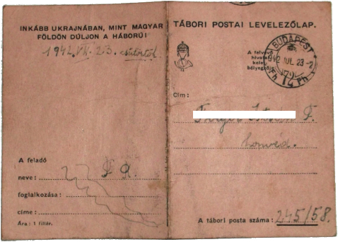 Tábori postai levelezőlap 1942 július 13 csütörtök