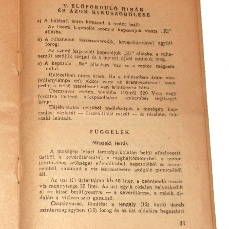 V. Előforduló hibák és azok kiküszöbölése - Függelék - Műszaki leírás