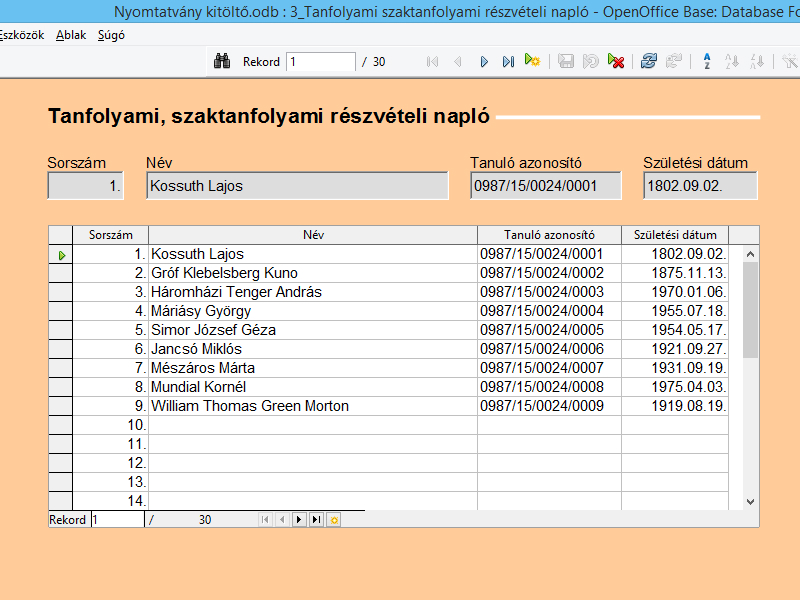 adatbevitel - tanfolyami szaktanfolyami részvételi napló