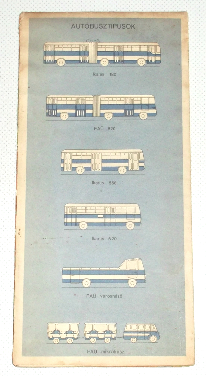 Az 50 éves kiadvány hátoldalán a közlekedő autóbusz típusok