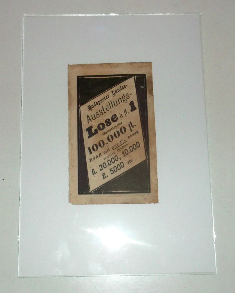 Sorsjegy hirdetés Budapesti Országos Kiállítás - Városliget 1885. - alkalmából