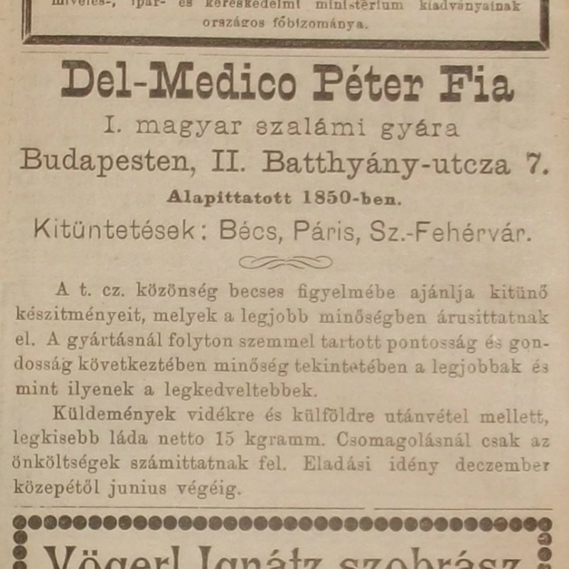 Del-Medico Péter Fia I. magyar szalámi gyárának hirdetése 1885-ben