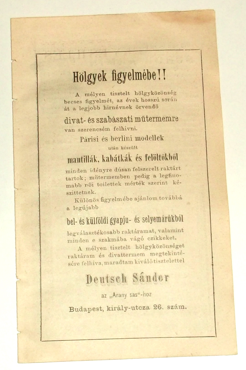 Deutsch Sándor az Arany sas-hoz Budapest király-utcza 26 szám - hidetés 1885