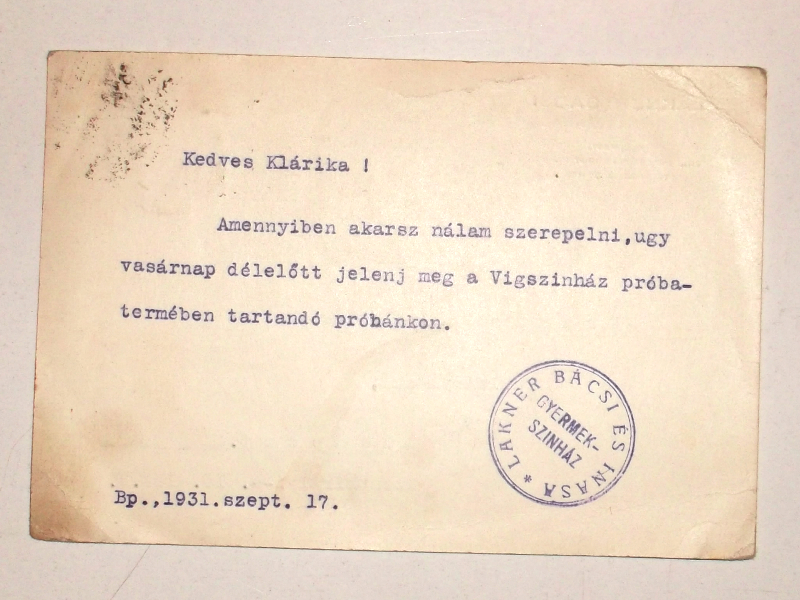 Lakner Bácsi invitáló - 1931. szeptember 17. keltezéssel