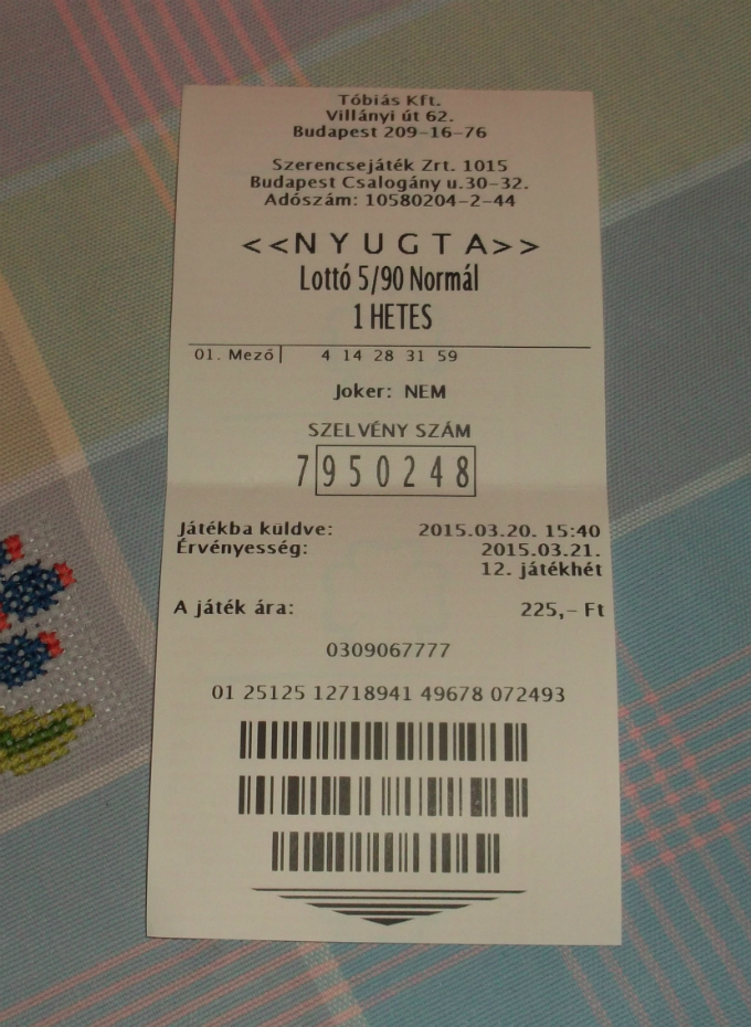 Az Ötös lottó 2015. 12. heti kéttalálatos szelvényeinek (Nyugta Lottó 5/90 Normál) egyike