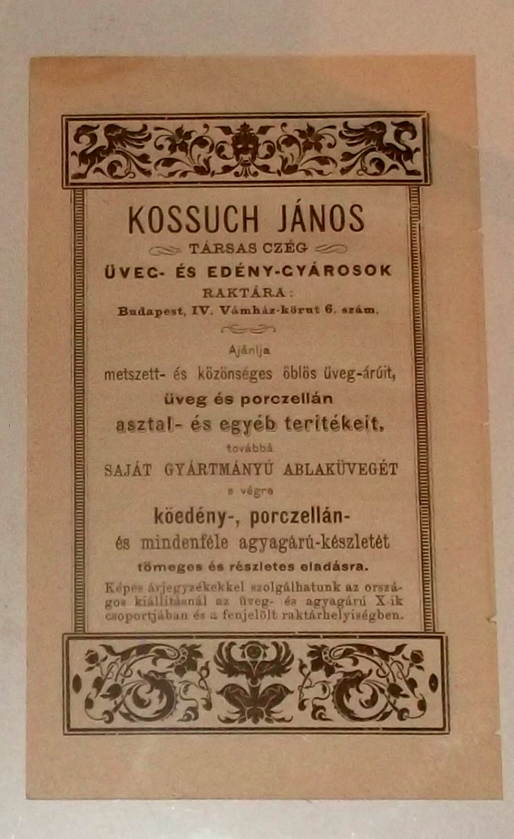 Kossuch János - Társas Czég - Üveg- és Edény-gyárosok Raktára - hirdetés 1885