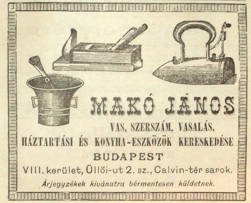 Makó János hirdetése 1885