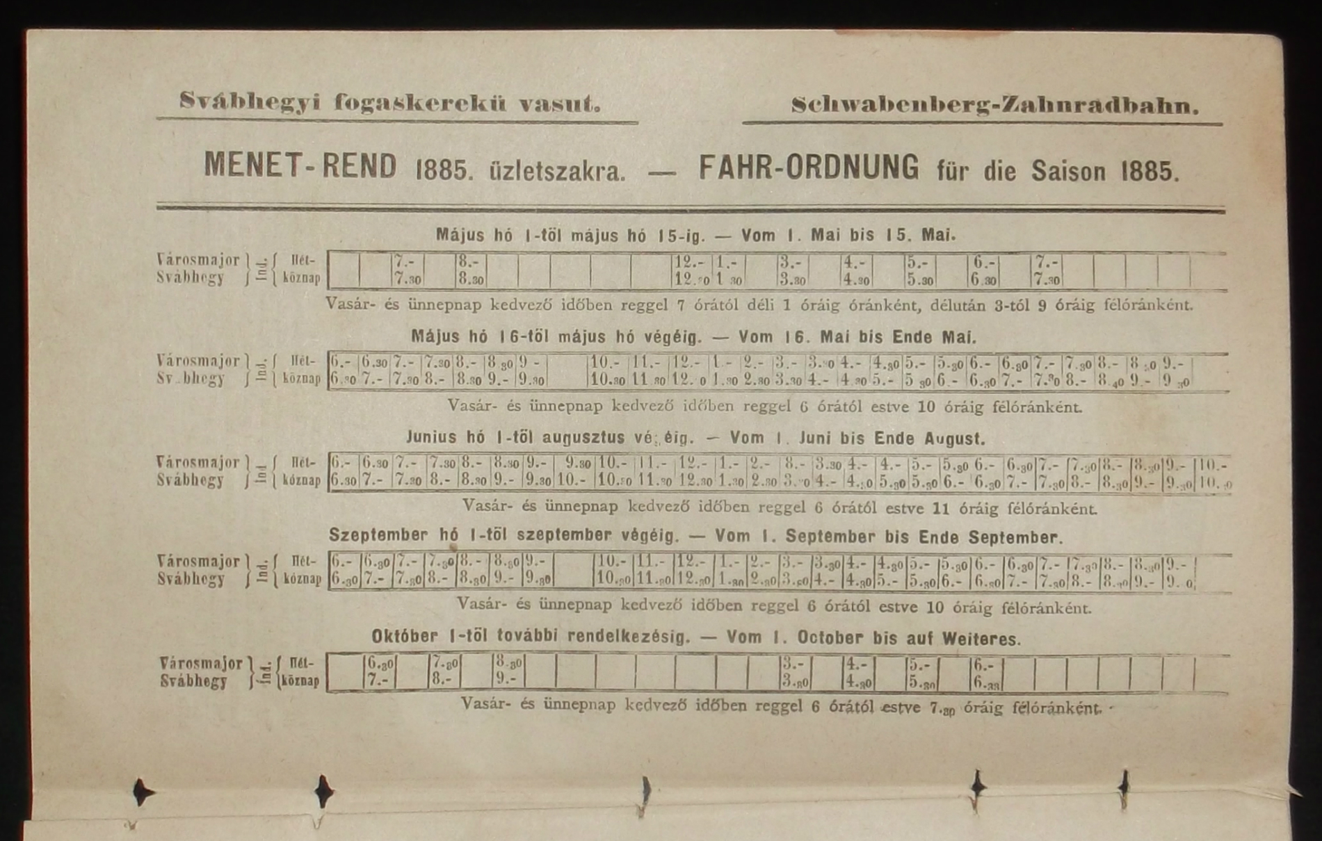 Svábhegyi fogaskerekü vasut - MENET-REND 1885. üzletszakra