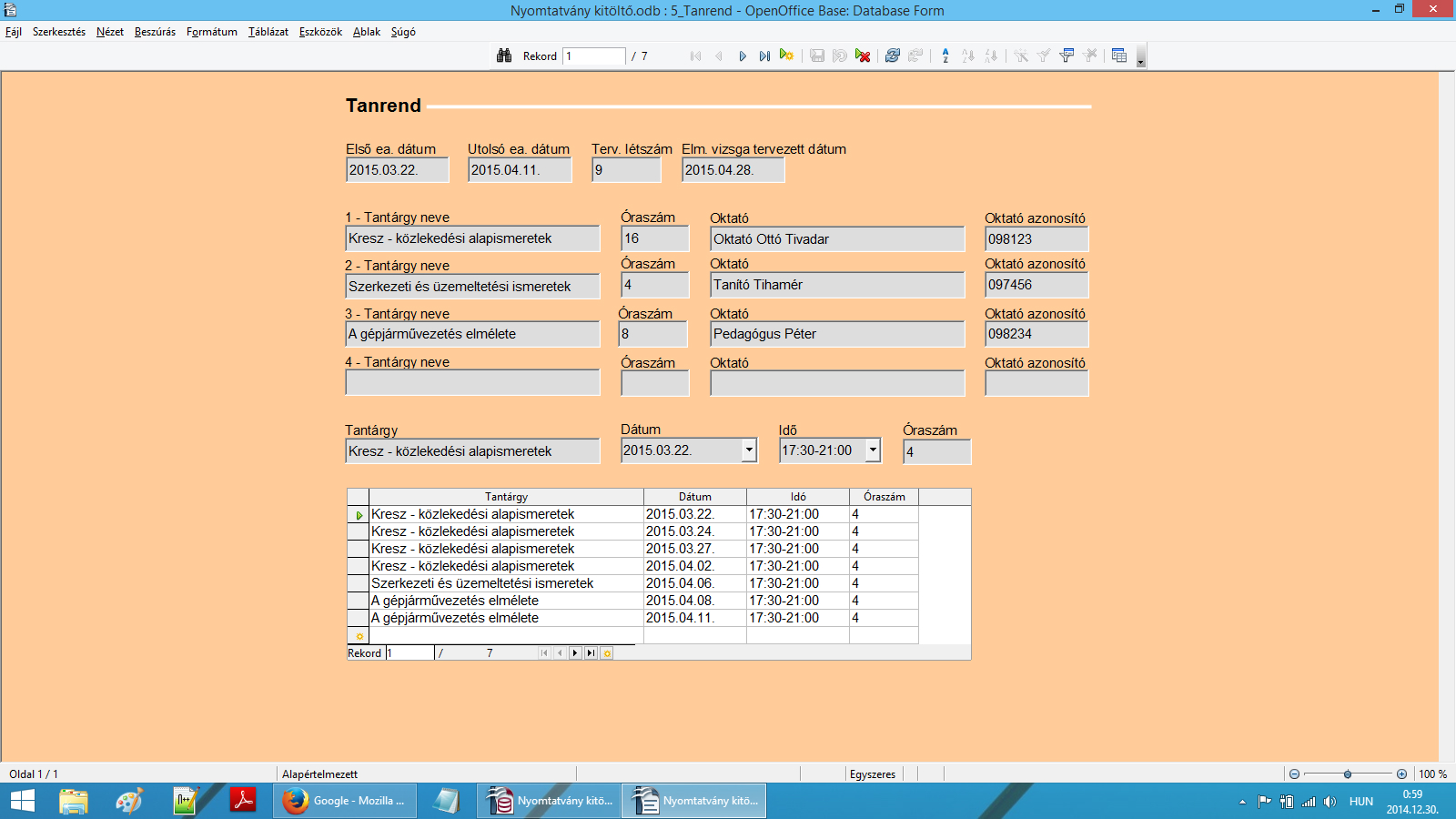 Tanrend adatbeviteli űrlap