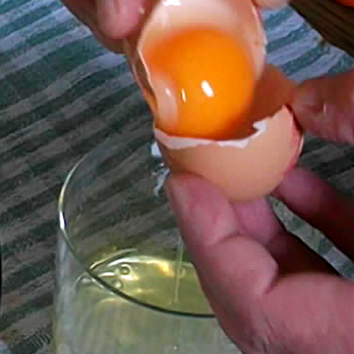 Pillanatkép a baromfi tojás belső két fő alkotóelemének - sárgája és fehérje - szétválasztásáról