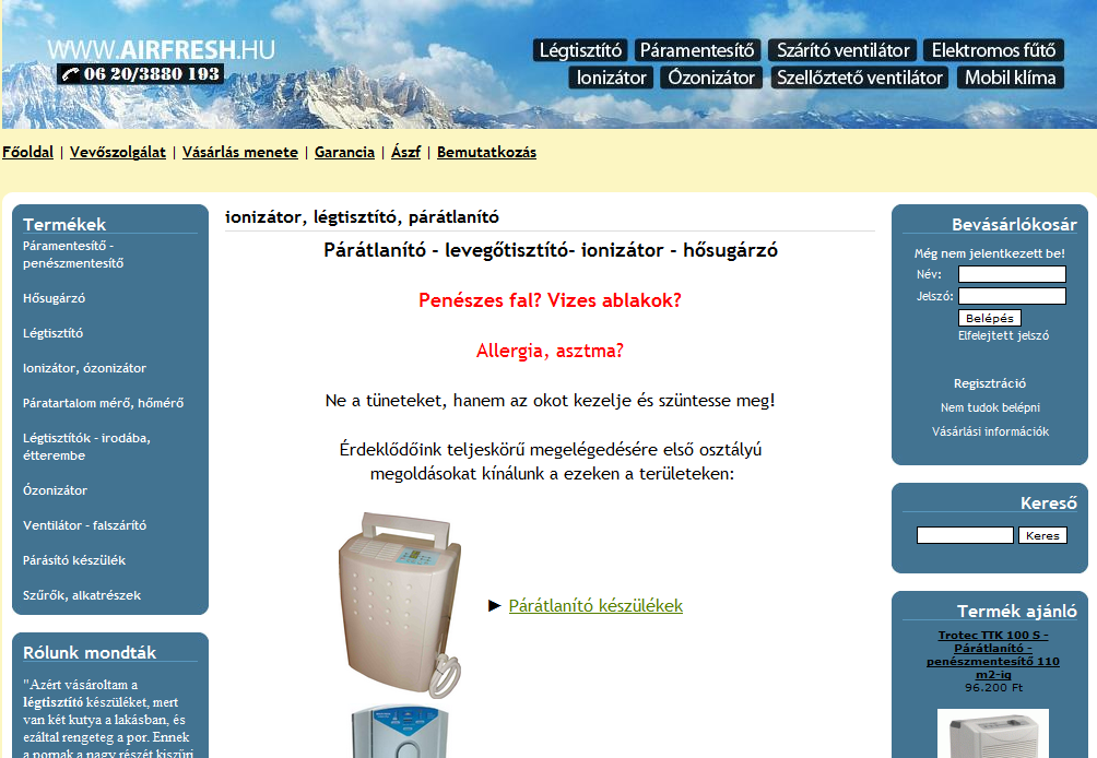 légtisztító, levegőtisztító, ionizáló
