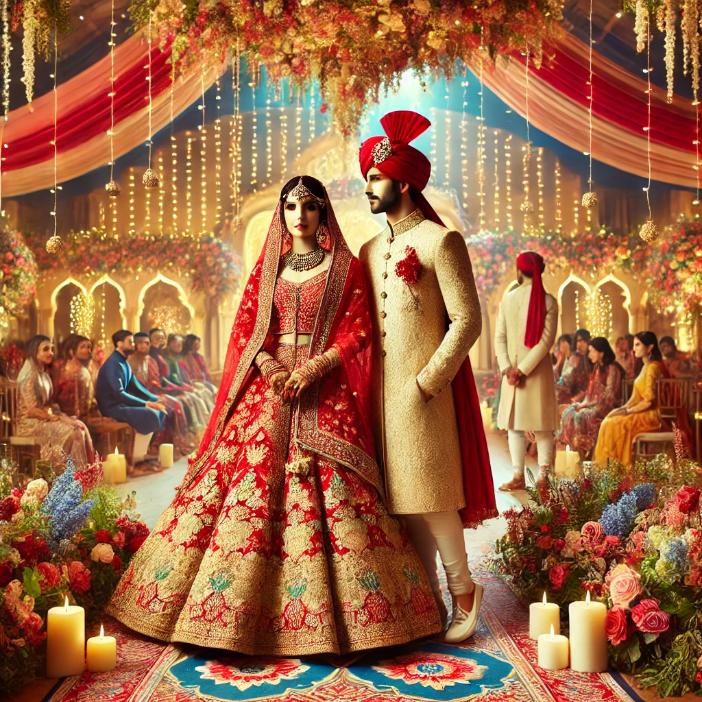 dall_e_2024-09-03_13_01_50_a_vibrant_and_modern_indian_wedding_scene_the_bride_is_wearing_a_red_and_gold_lehenga_with_intricate_embroidery_while_the_groom_is_in_a_cream-colore.webp