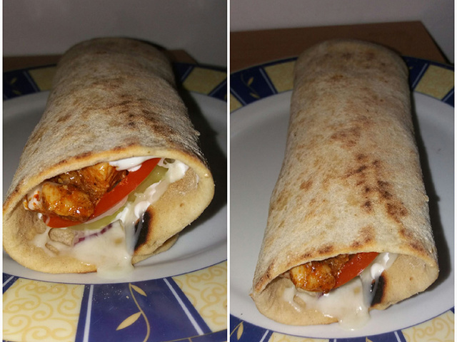 Tortilla tekercs fűszeres csirkemellel és zöldségekkel