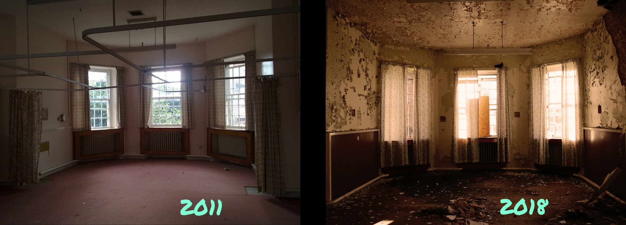 Bár a két kép között nem telt el sok idő - 7 év - a különbség elég látványos. A baloldali kép még a kórház bezárásának idején készült.