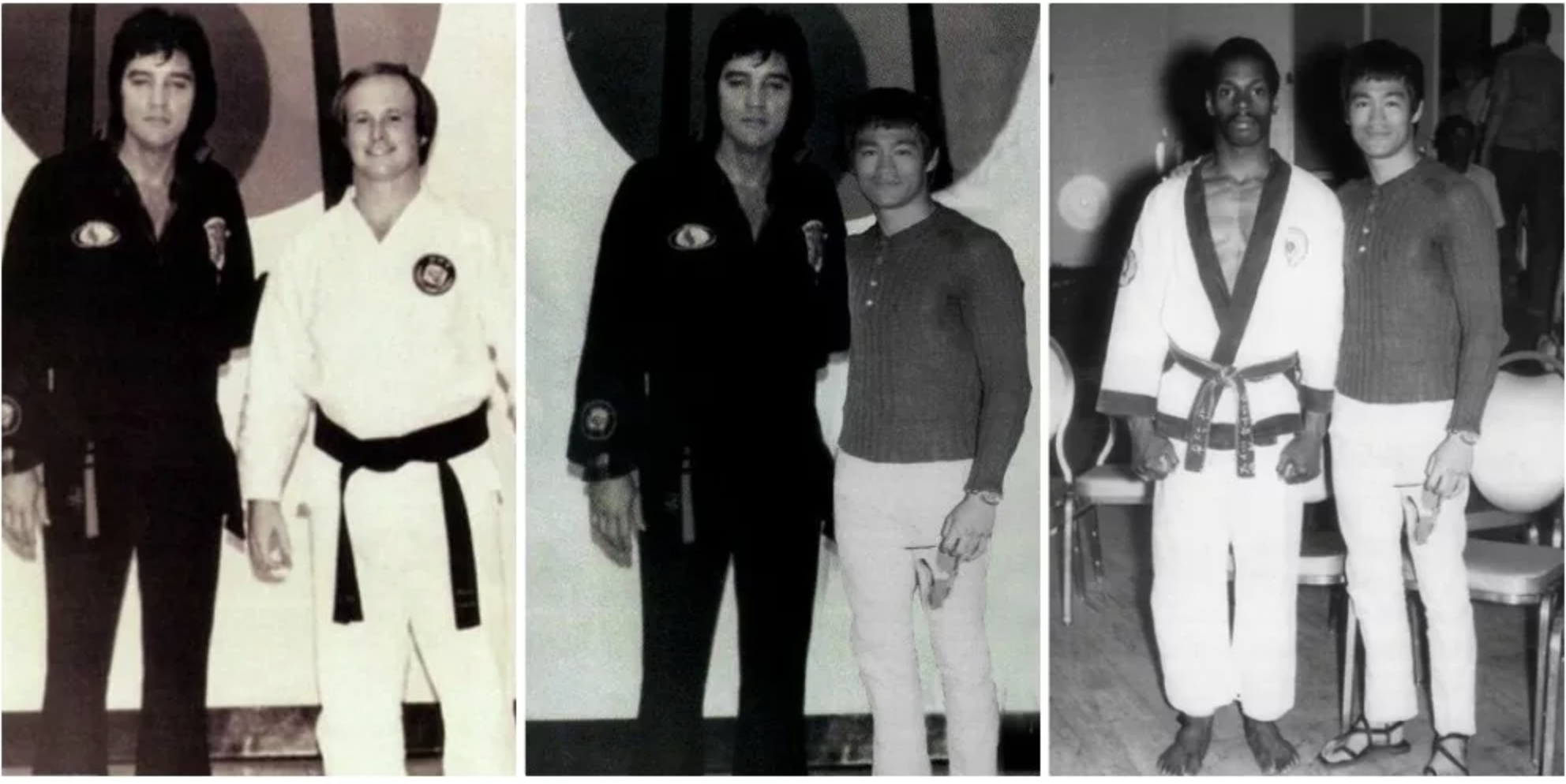 Az első kép Elvist mutatja Wayne Carmannel, akivel Kang Ree mesternél 1970 és 1974 között Memphisben tanult karatézni.  A másik képen Bruce Lee és Joe Hayes látható.