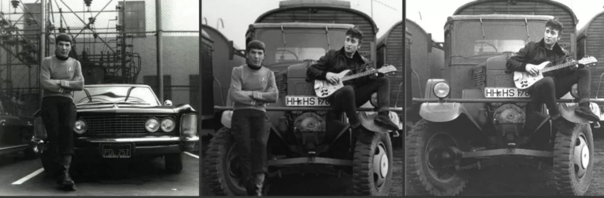 A teherautón gitározó Lennont 1960 körül fényképezte le Astrid Kirchherr, míg a másik kép 1966-ban a Paramount filmstúdióban készült, ezen a Spocknak öltözött Nimoyt láthatjuk az 1963-as Buick Rivierája előtt. 