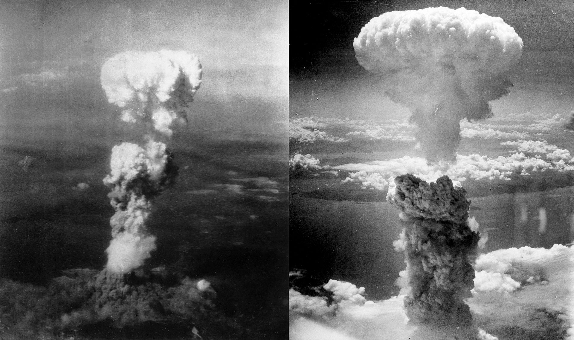 Fotó: Gombafelhő Hirosima (balra) és Nagaszaki (jobbra) felett, 1945. augusztus 6/9. <br /><br />A légi felvételeket George R. Caron, a bombát Hirosimába szállító Enola Gay nevű repülőgép faroklövésze készítette. A következő hetekben számos helyen megjelentek, például a Life 1945. augusztus 20-i számában. Noha sokan ekkor látták először a 6000 méterrel a város fölött lebegő magas, boltozatos tetejű felhőt, a hirosimai képek alig emlékeztettek az atomkorszak jelképévé vált gomba alakú felhőre.