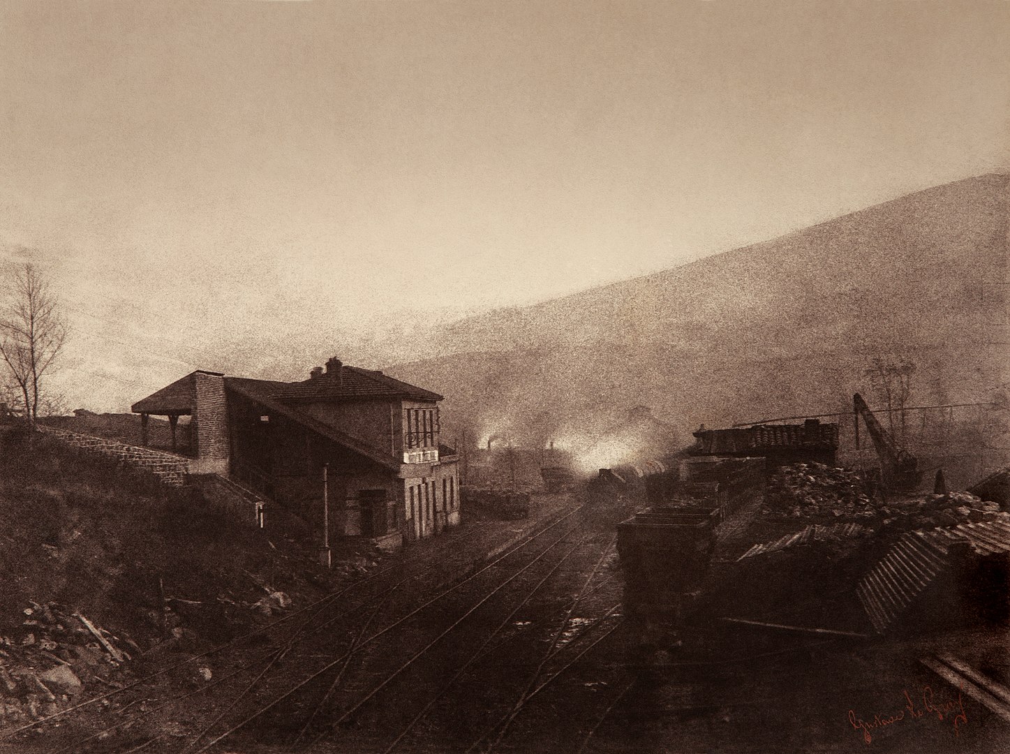 Fotó: Gustave Le Gray: Vasútállomás vonattal és szénraktárral, dátum nélkül