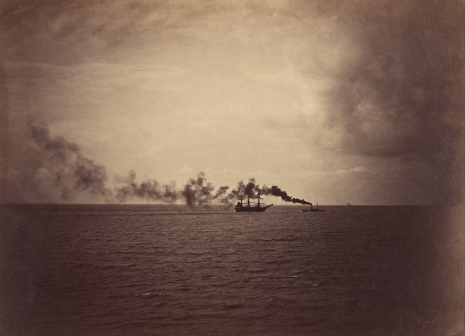 Fotó: Gustave Le Gray: Tengeri táj vitorlás hajóval és vontatóhajóval, 1857