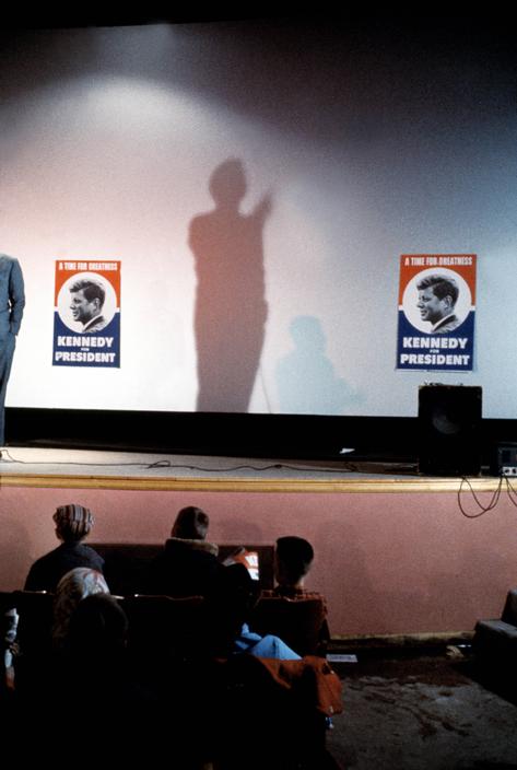 USA. Wisconsin. 1960. Senator John F. Kennedy speaks in the auditorium of Wisconsin high school during hise presidential campaign..jpg