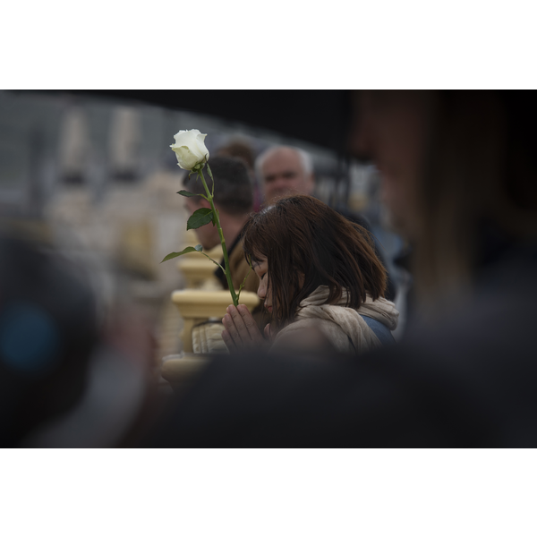 Hír-, eseményfotó<br />1. helyezett<br />Dombóvári Tamás: Részvét<br />Egy koreai nő egy szál fehér rózsával fejezi ki részvétét a Hableány hajóbaleset áldozatainak a Margit hídon.