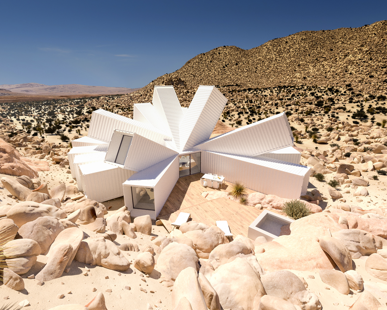 Fényárban úszó konténerház a sivatagban