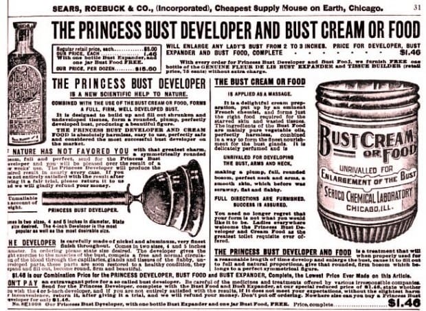 Ezt a terméket már csak a neve miatt is be kellett válogatnom! Ez kérem itt az 1897-es év csodája, a Bust cream or food – vagyis magyarul Kebelkrém vagy étel. Mindenki döntse el, hogy szeretné bevetni! Arról nem szól az igen hosszú leírás, hogy mégis mit fogyasztott, aki belsőleg szerette volna alkalmazni a kenőcsöt, és hogy a bio minősítést megszerezték-e a gyártók…