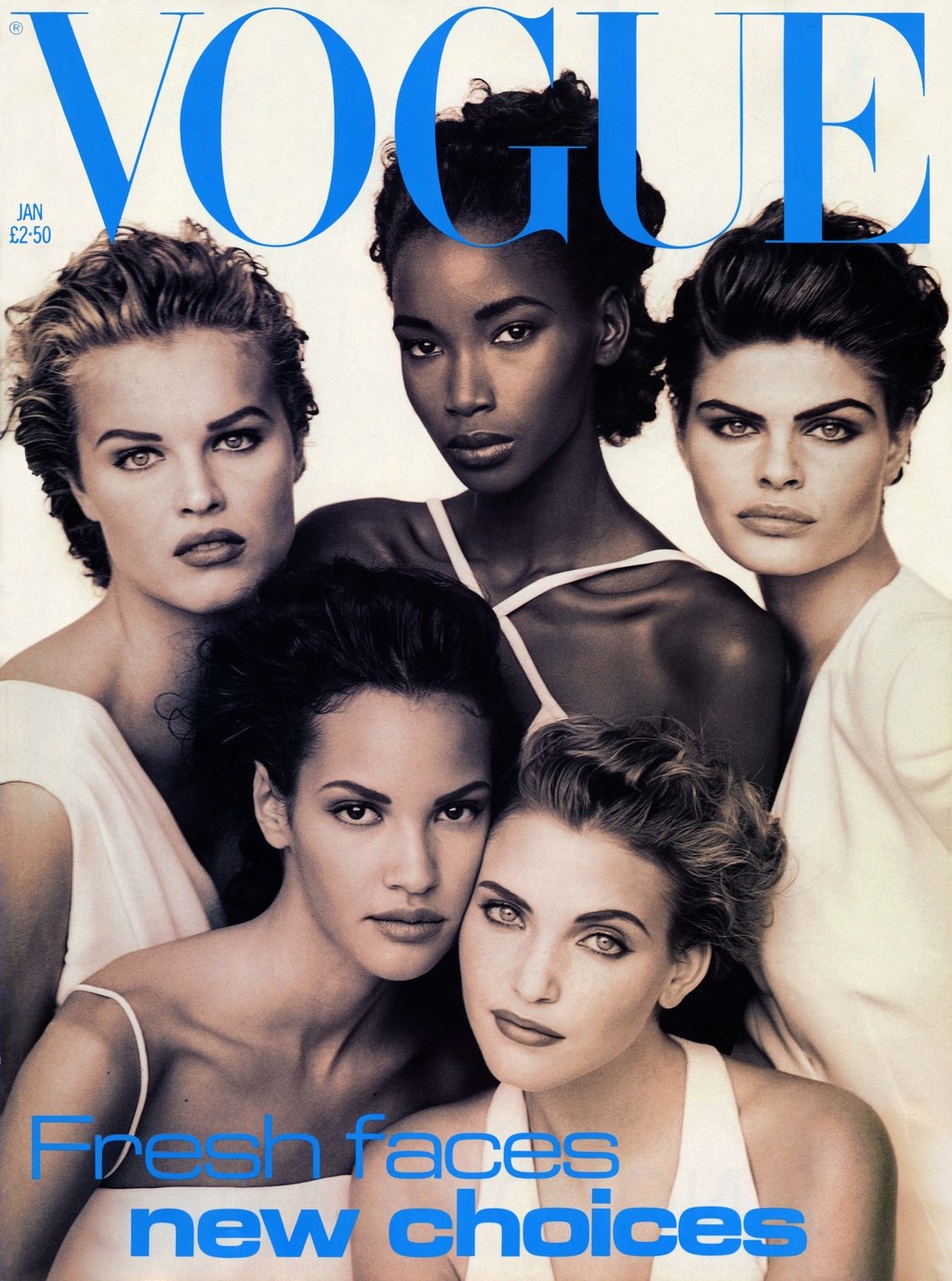 Eva Herzigová, Beverly Peele, Petra Lindblad, Claudia Mason és Nadja Auermann mind Armaniban, az 1992-es VOGUE címlapon