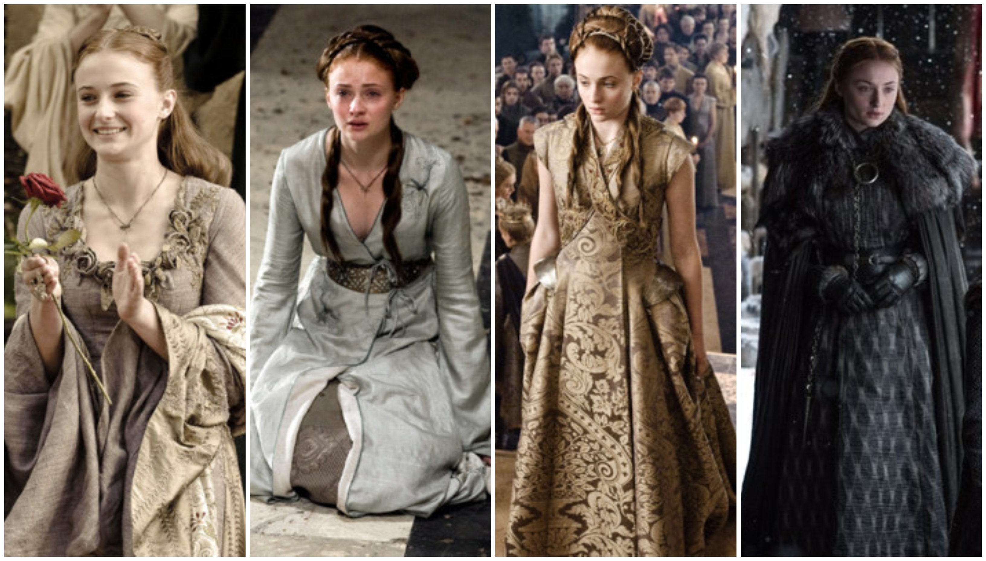 Sansa stílusán látszott leginkább, hogy mindig húzott valakihez a szíve, vagy épp megpróbált valahova beolvadni. Könnyű dolga volt, mert ő volt az egyetlen karakter, aki szívesen készítette a ruháit és hímzett is.