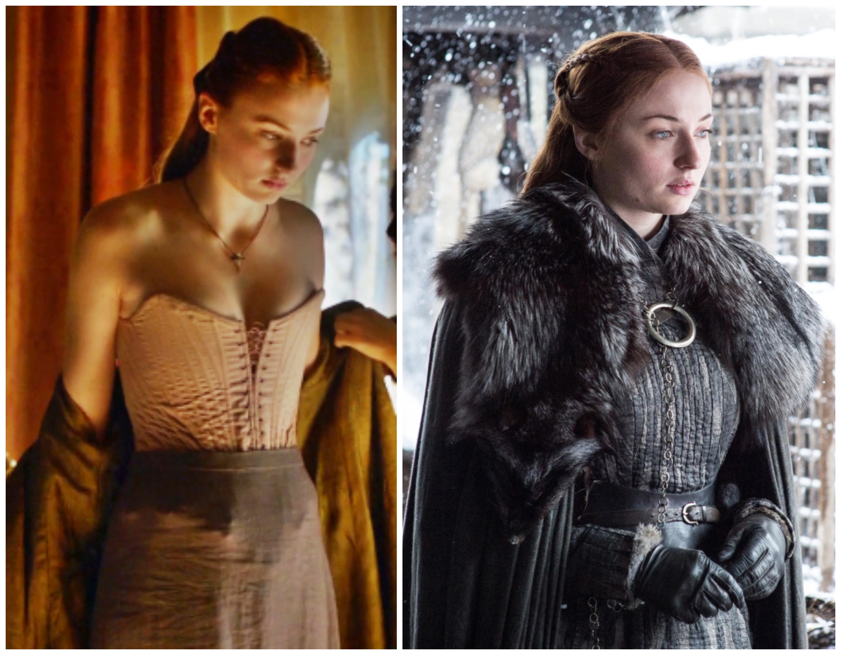 A sorozat végére aztán megtalálta Sansa is a saját, királynői stílusát. Sophie Turner színésznő kedvenc darabja, amibe beleszeretett a forgatáson, érdekes módon egy fűző volt - ő ezt vitte haza emlékül. Amit viszont nagyon utált, az a hatalmas szőrmés köpeny, amit a sorozat végefelé ‘vonszolt maga után‘. 