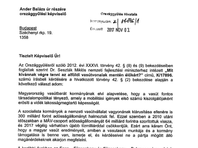 Írásbeli kérdést intézett Dr. Seszták Miklós felé,  a Mátészalka-Debrecen vasútvonal ügyében (is) az egyik parlamenti képviselő!