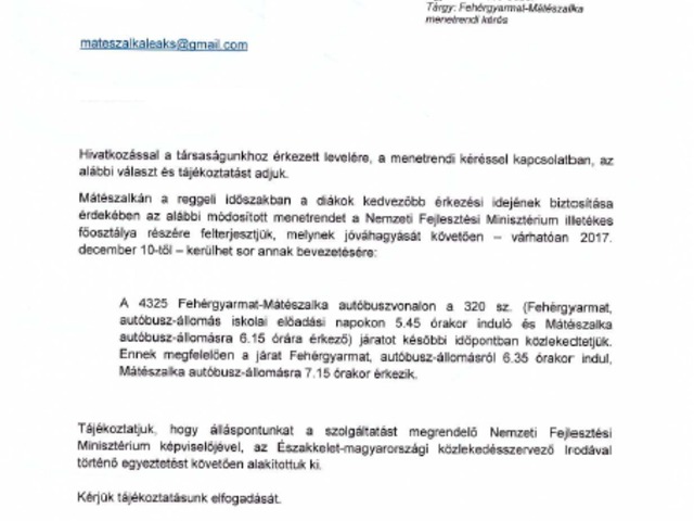 Siker: 50 perccel tovább alhatnak a Fehérgyarmaton élő, Mátészalkán tanuló fiatalok! Optimalizálták a reggeli buszközlekedést Fehérgyarmat és Mátészalka között. !