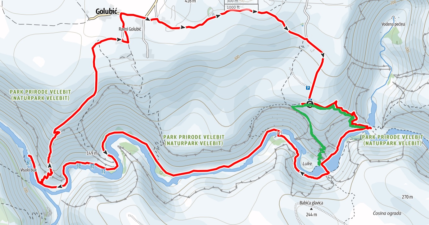 A túra eredeti (piros) és végleges (zöld) útvonala