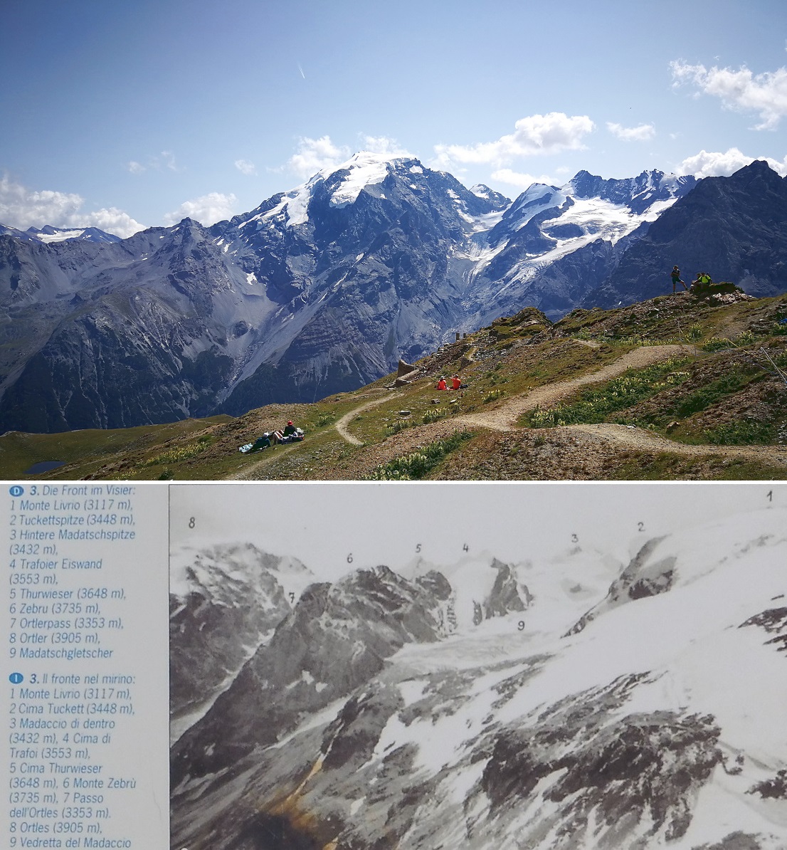 Az Ortles-csoport nyári látképe - és az egykori front a hegyek gerincén
