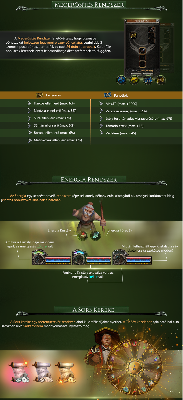 Megerősítés rendszer<br />Energia rendszer<br />Sors kereke