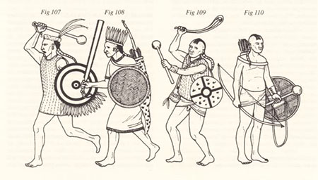 Taraszkó harcosok: balról a második kezében a Maquahuitl, az aztékok hagyományos fegyvere, ami népszerű volt egész Közép-Amerikában