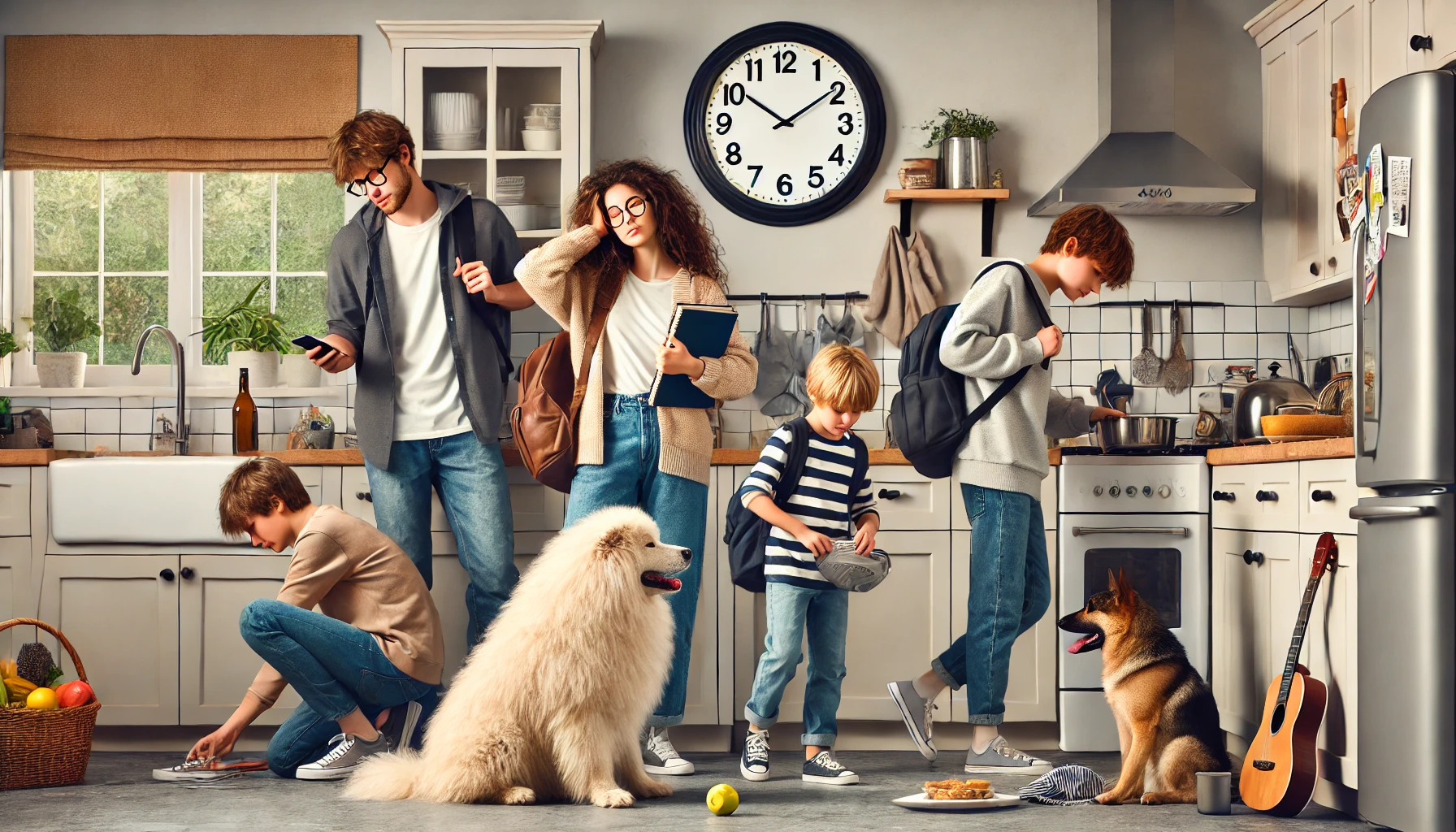 dall_e_2024-09-14_16_15_56_a_realistic_chaotic_morning_scene_featuring_a_stylish_young_blended_family_with_two_parents_and_their_teenage_kids_all_preparing_for_school_the_par.webp