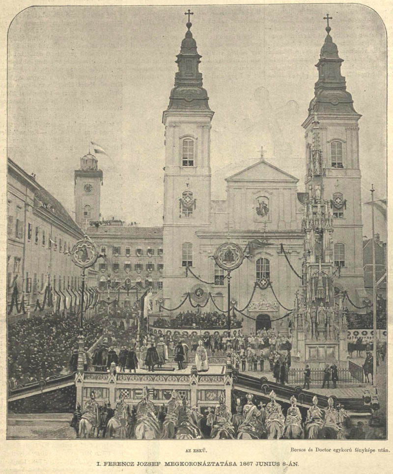 Ferenc József 1867-ben azért érkezett Budapestre, hogy a Mátyás-templomban magyar királlyá koronázzák. Előtt a Belvárosi plébániatemplom előtt tett esküt arra, hogy megvédi az országot minden ellenségtől.(Forrás: http://www.belvarosiplebania.hu)