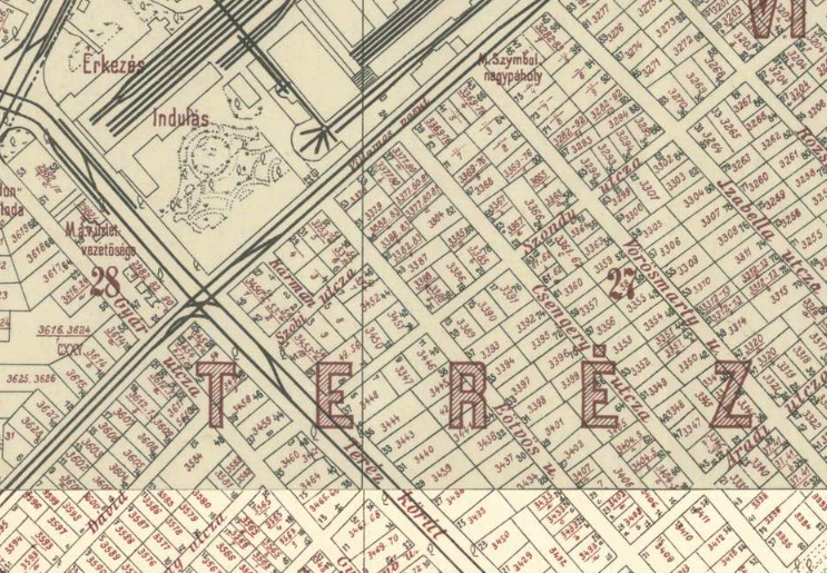 1908. A Teréz körút és Szondy utca kereszteződése már látszik, a bérház is áll, de még nem szálloda.