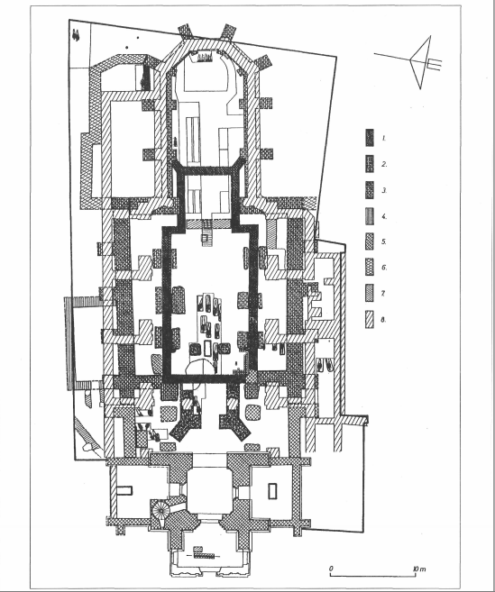 A barokk templom és az 1958 és 1965 között végzett régészeti feltárások eredményeinek periodizalt alaprajza. (Bertalan Vilmosné ásatása).<br />(Forrás: Szebeni A-Végh A.:A Budavári volt Helyőrségi templom)