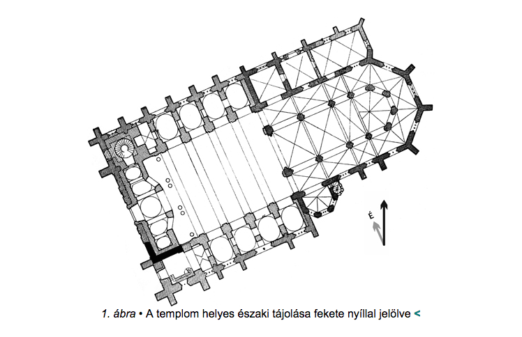  A templom helyes északi tájolása fekete nyíllal jelölve <br />(Forrás: Gercsák Gábor: A budapesti Belvárosi plébániatemplom muszlim imafülkéje és arab felirata)