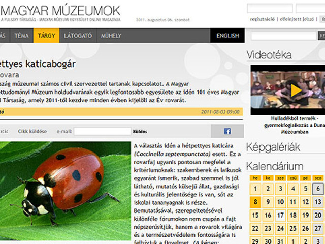 Merkl Ottó írása az Év rovaráról (2011), a Magyar Múzeumok honlapján.