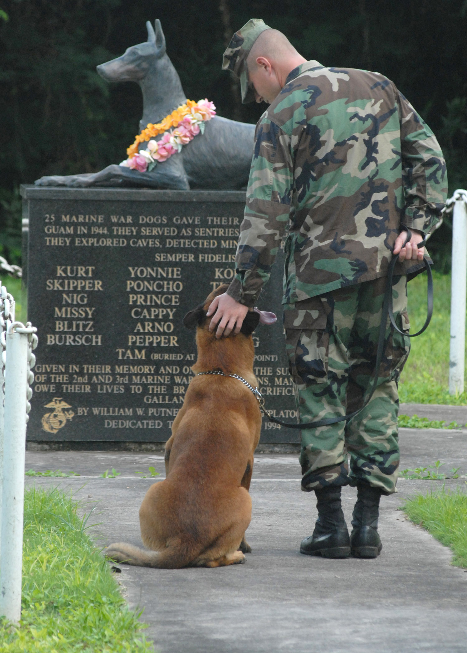us_navy_061027-n-9662l-048_petty_officer_2nd_class_blake_soller_a_military_working_dog_mwd_handler_pets_the_head_of_his_mwd_rico_at_the_war_dog_cemetery_located_on_naval_base_guam.jpg