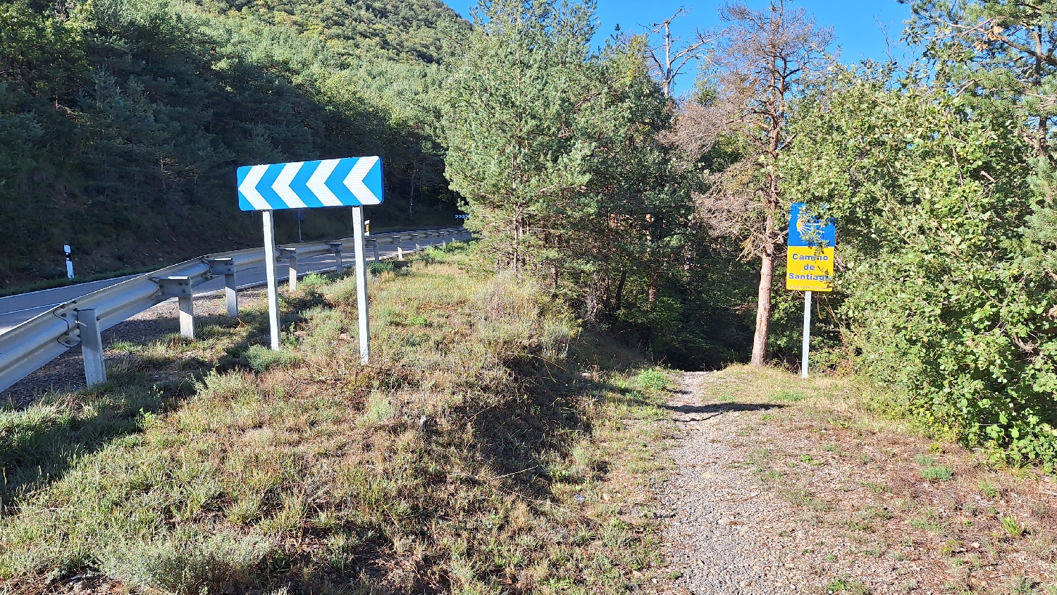 El Camino, Aragon Út, az országút mellől egy ligetes részre vezet a jelzés