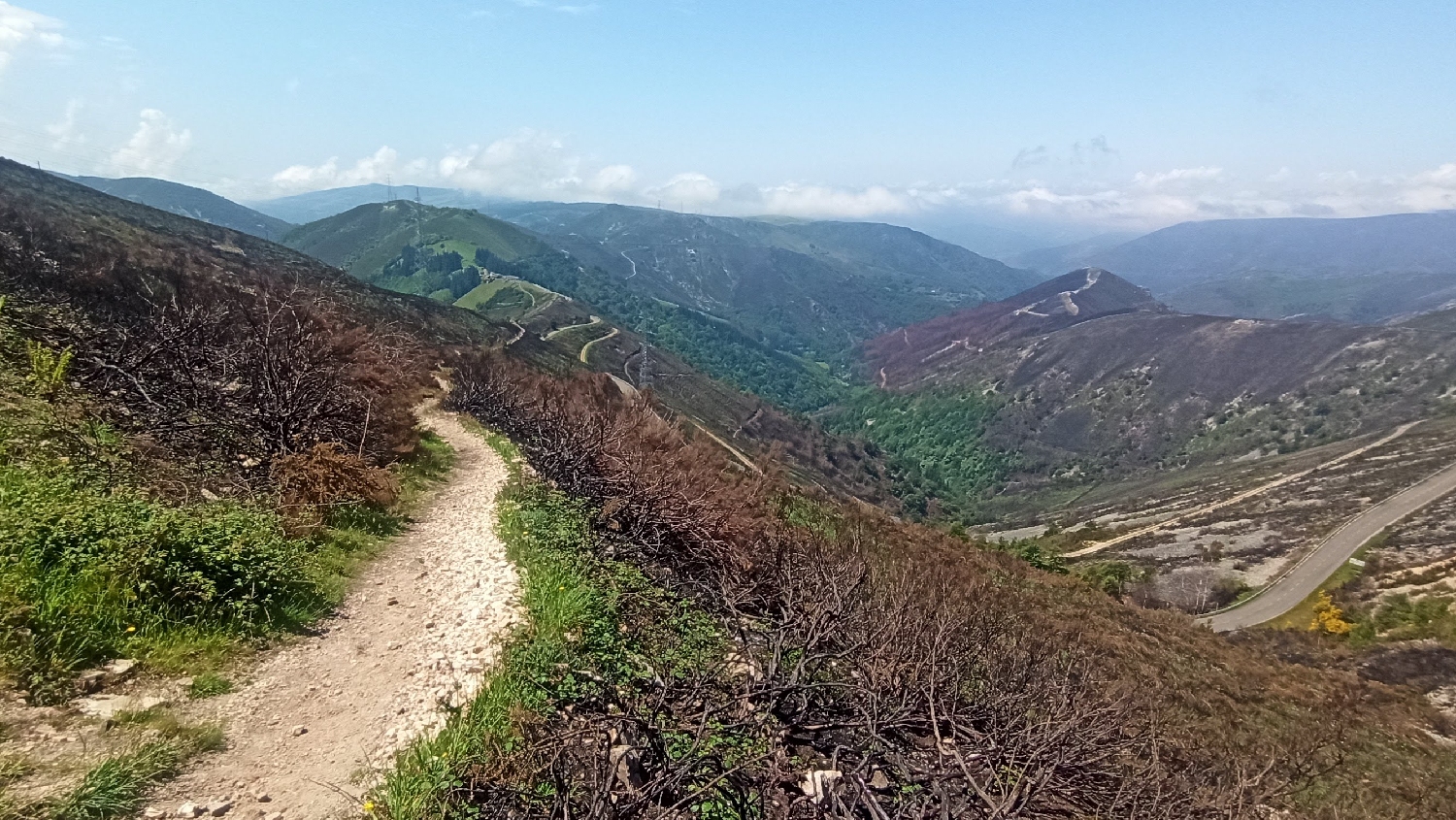 El Camino Primitivo, az áprilisi erdőtűz nyoma a Puerto del Palo hegycsúcsról lefelé