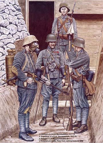 Két osztrák–magyar kézigránátos rohamista, egy lángszórós aknász és egy gyalogos tizedes hitelesebb ábrázolása 1917–1918-ból