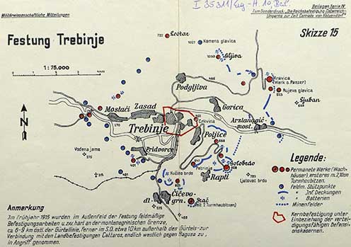 Az erődítések elhelyezkedése Trebinje körül, 1915-ben